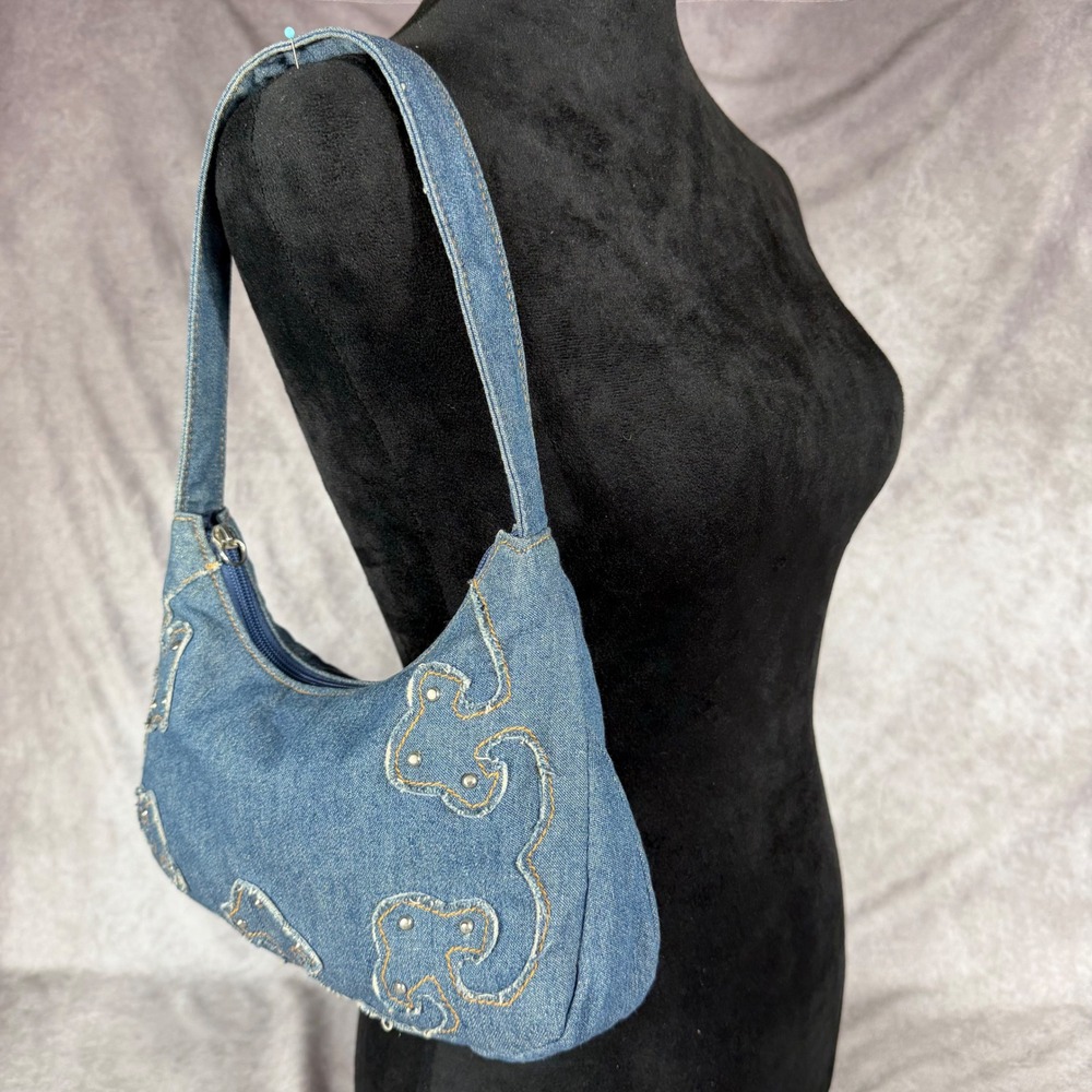 Vtg 90s Y2K Denim Shoulder Bag Studded Paisley Embroidered Baguette Purse Boho